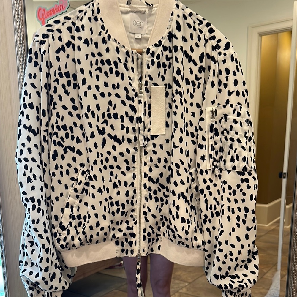 Black/white Leopard Print Bomber Jacket by Sen